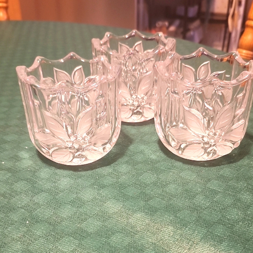 Mikasa Heavy Led Crydtal Crystal Frosted Poinsettia Christmas Votives Set Of 3